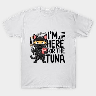 One design features a sneaky ninja cat with a katana in one hand and a can of tuna in the other. (6) T-Shirt